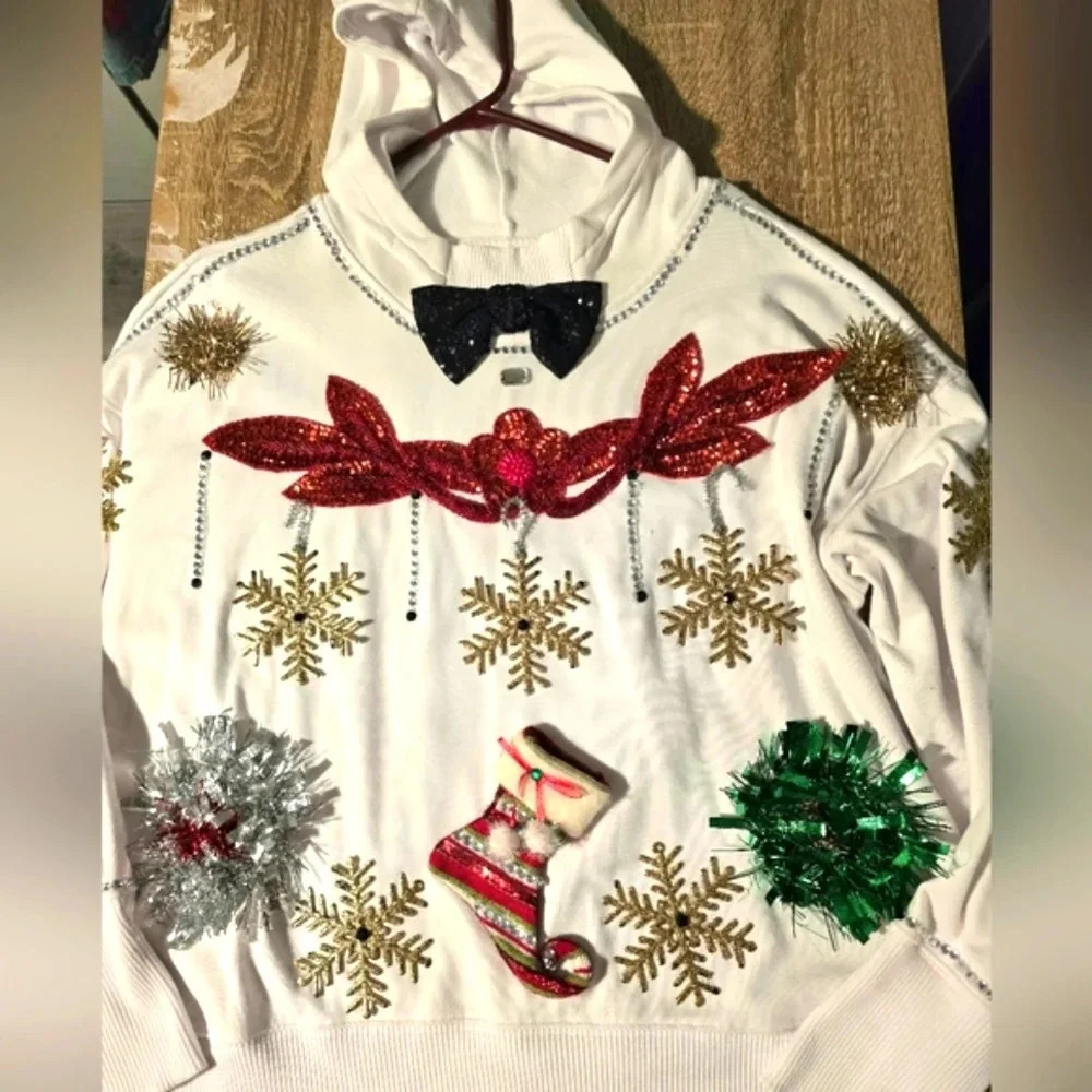 1 of a Kind Custom Handmade Ugly Christmas Sweater Hoodie Sequins Women's XL XXL - Picture 4 of 8